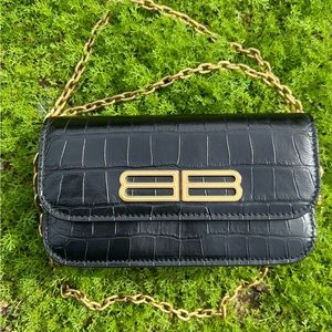 Balenciaga Black Croc-Embossed Leather Crossbody with Gold Chain